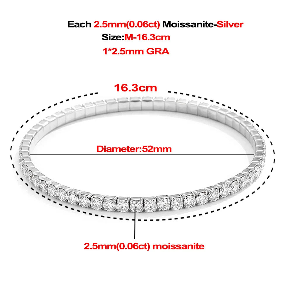 2,5/3 mm voller Moissanit-Tennisarmbänder für Damen und Herren, 925er Sterlingsilber, 18 Karat vergoldet, minimalistischer elastischer Armreif mit GRA