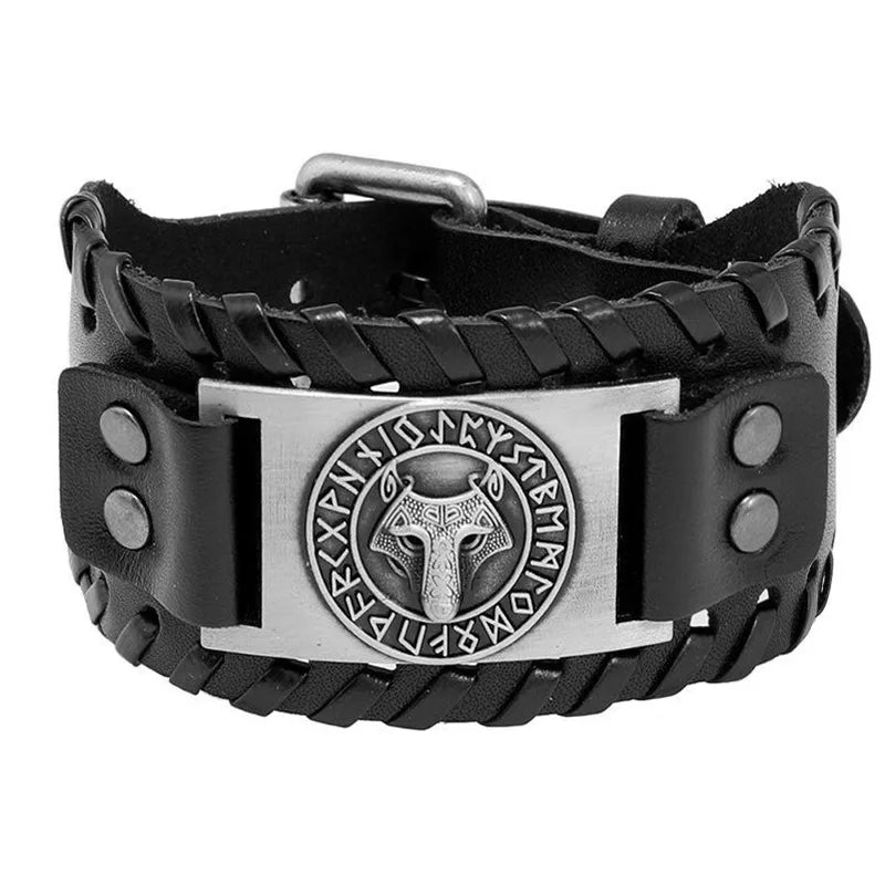 HNSP Viking Rune Schmuck Zubehör Wickelarmband aus Leder für Herren, verstellbare Größe