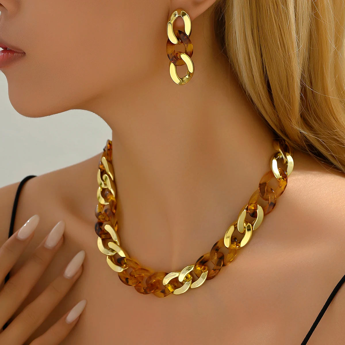 Y2K Vintage Dicke Kante Kubanische Gothic Ohrringe Halskette Für Frauen CCB Gold Farbe Kette Halsketten Charme Party Schmuck set