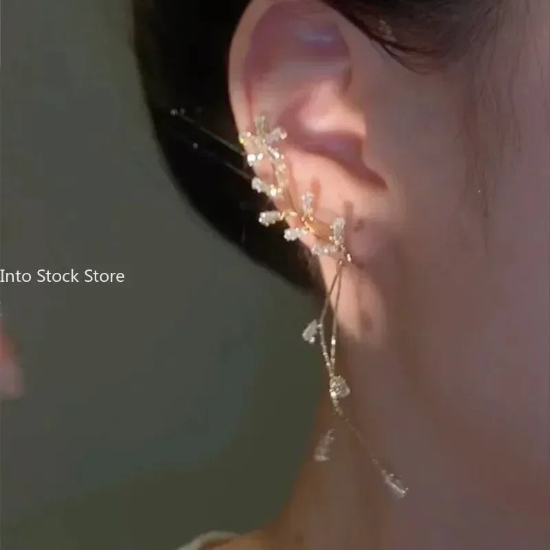 Glänzende Zirkon Schmetterling Ohr Manschette Gold Farbe Quaste Clip auf Ohrringe für Frauen Korea Stil Kupfer Ohrring Ohne Piercing Schmuck