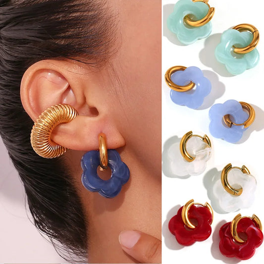 Bunte Blume Harz Acryl Charms Ohrring Gold Farbe Kreis Ohr Schnalle Creolen Modeschmuck für Frauen