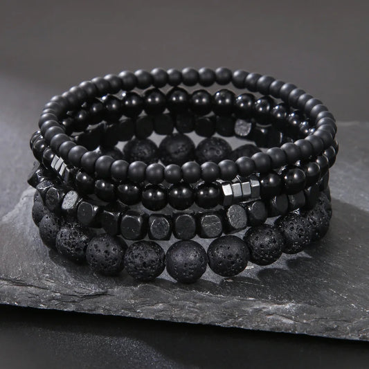 4pc Vulkan Stein schwarz Gallenstein Perlen Armbänder für Männer trend ige Mode Lava Holz Perlen Armband Set Kombination Hip Hop Geschenke
