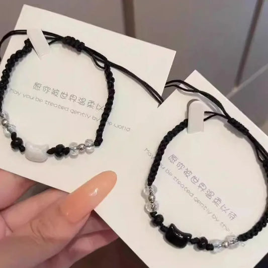 2 stücke natürliche Mondstein Obsidian Armbänder Paar minimalist ischen Armband handgemachte süße schwarze weiße Katze Armband Party Schmuck Geschenke