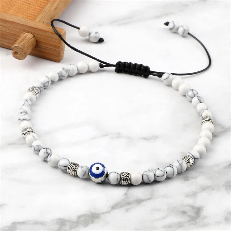 Evil Eye Armband, 4 mm, natürliche schwarze, matte Lavasteinperlen, handgefertigtes geflochtenes Armband für Männer und Frauen, Yoga, Reiki, verstellbarer Schmuck