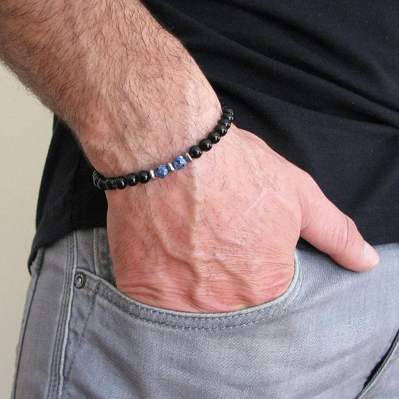 Schwarzes Onyx-Yoga-Armband mit runden Perlen und Pfeilsteinperlen für Herren