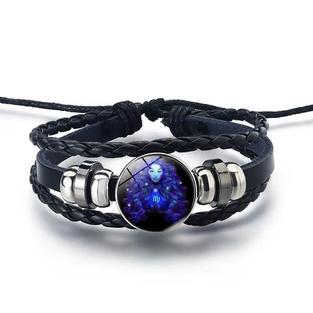 12 Sternbild Edelstein Leder Armband Männer Frauen Glas Armband Paar Leder mehr schicht ige Webart Geburtstags geschenk Armreif Edelstein