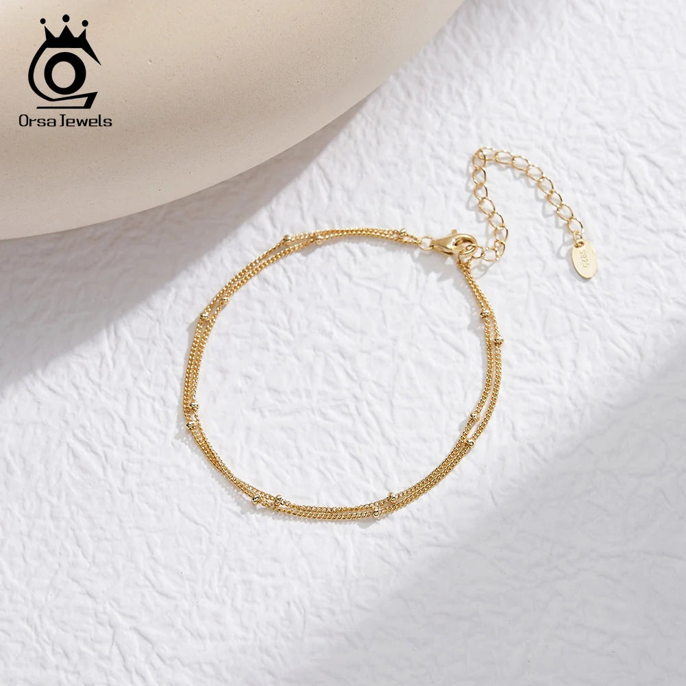 ORSA JEWELS Trendiges Doppelschichten-Armband mit kleinen runden Perlen, Damen-Handarmband, 925er Silberkette, einfaches Kugelarmband SB198