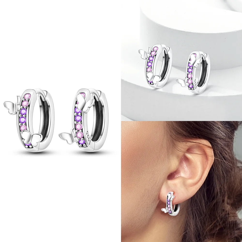 Schmetterlings-Ohrringe, Original 925er Silber, rosa Schleife, Herz, Zirkon, Stern, Blume, Ohrstecker, Damen, Schmuck, Geschenk, Liebe, Valentinstag-Set