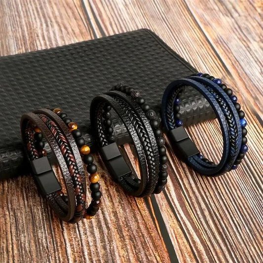 Herren leder armband klassische mode tiger auge perlen mehr schicht leder armband für männer schmuck geschenk
