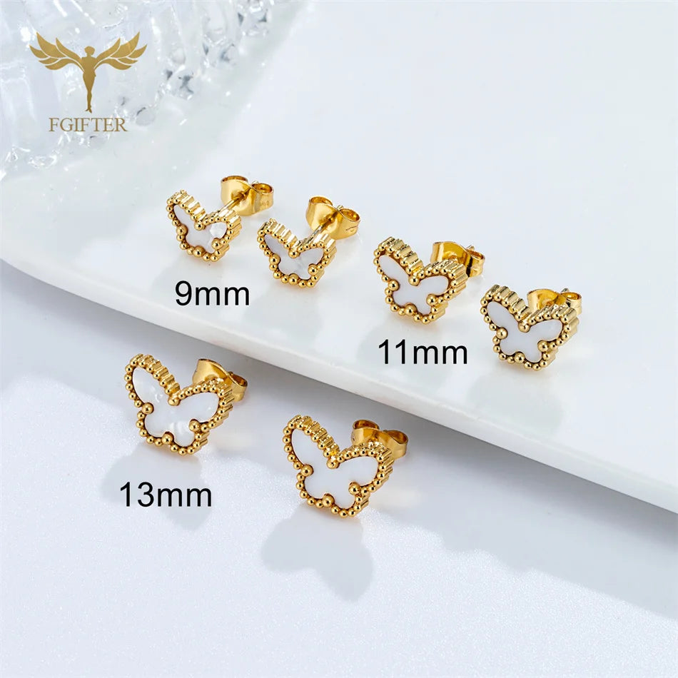 12-Paar-Set weiße Schmetterlings-Ohrringe, goldener Edelstahl, Piercing-Schmuck, elegante Damen-Accessoires, kleine Ohrstecker, Geschenke