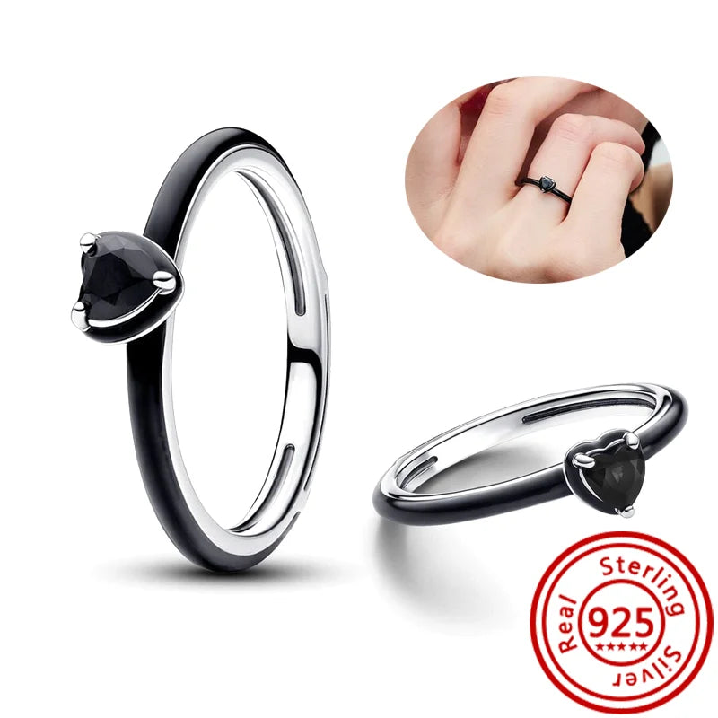 Neuer Pantaro Me-Fingerring aus 925er-Sterlingsilber, Liebesengel, Wort, schwarzes Herz, Zirkon, Original-Charm-Ringe, funkelnder Hochzeitsschmuck