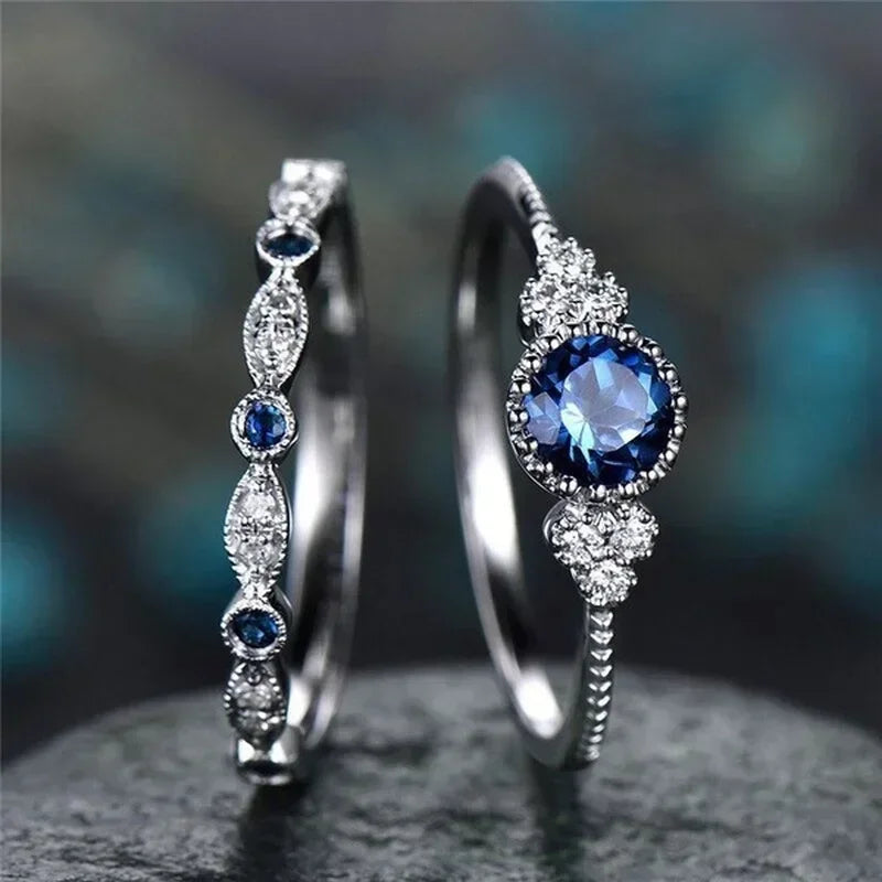 2 Teile/satz Luxus Grün Blau Stein Kristall Ringe Für Frauen Silber Farbe Hochzeit Verlobung Ringe Schmuck