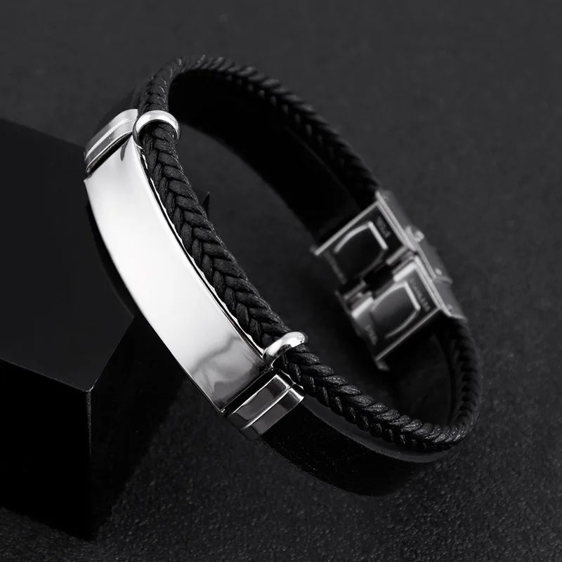 Homme Edelstahl Armband Doppel Schicht Twist Geflecht Leder Seil Armbänder Für Männer Hiphop Rock Mode Schmuck Zubehör