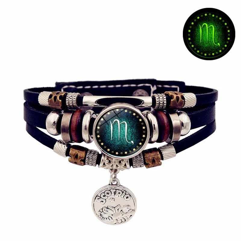 Sternenhimmel Sternzeichen Leuchtendes Lederarmband Mehrschichtiges Perlenleder Herren Schnappverschluss Damen Armband Freundschaftsarmbänder