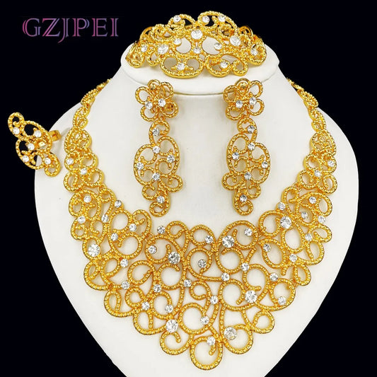 GZJPEI Luxuriöses großes Schmuckset, glänzender Zirkon, große Halskette, Armband, langer Ohrring, Ring für afrikanische Nigeria-Hochzeitsgeschenk, 2025, neu