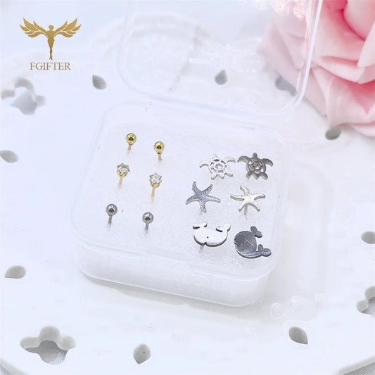 6-teiliges süßes Meeresschildkröten-Seestern-Wal-Ozean-Tier-Ohrring-Set aus Edelstahl, Ohrstecker, Modeschmuck, Mädchen-Geschenke