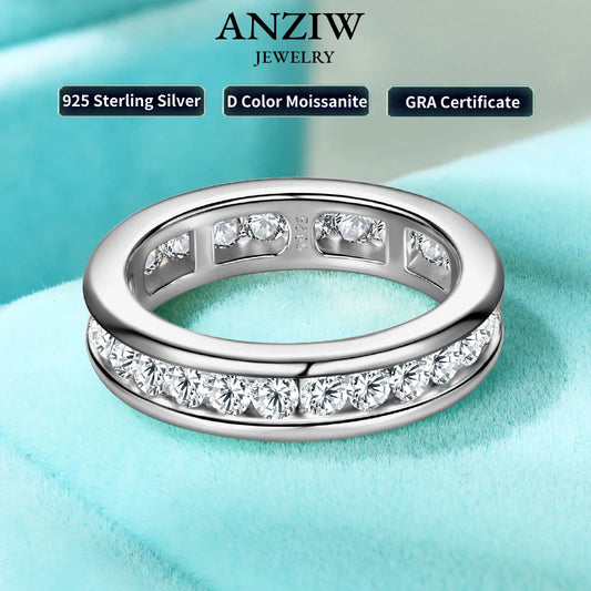 Anziw 2,5 mm Full Eternity Band Moissanit Ring aus echtem 925er Silber für Damen, trendige Hochzeit, Verlobung, Fingerringe, GRA-zertifiziert