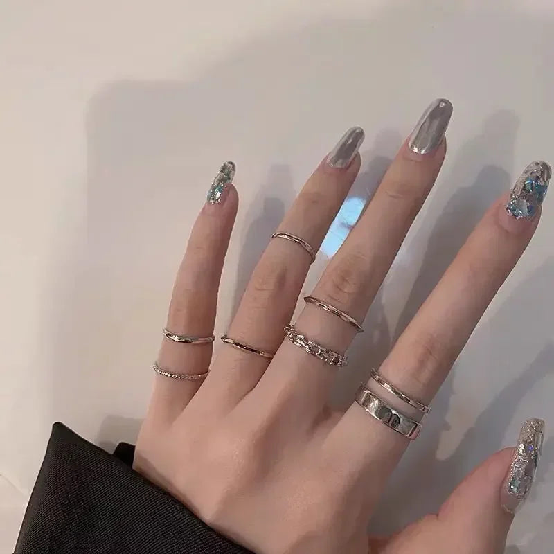 7Pcs Punk Einfache Ringe Set Silber Farbe Geometrische Hohl Breiten Ring Set frauen Vintage Joint Hiphop Finger Ringe schmuck Geschenke