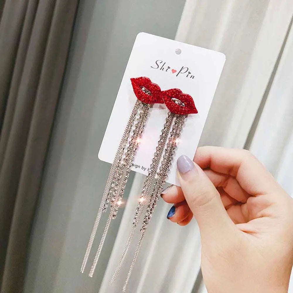 Trend ige glänzende Kristall Quaste rote Lippen baumeln Ohrring Strass rote Mund kette lange Quaste Ohrringe für Frauen