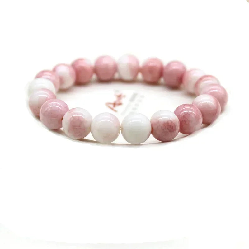 Natürliches rosa/buntes Kristall-/Porzellan-Armband mit Eis-Rissmuster und gemusterten Perlen, einzelner Kreis, glücklicher Heilstein, Schmuck, Geschenk