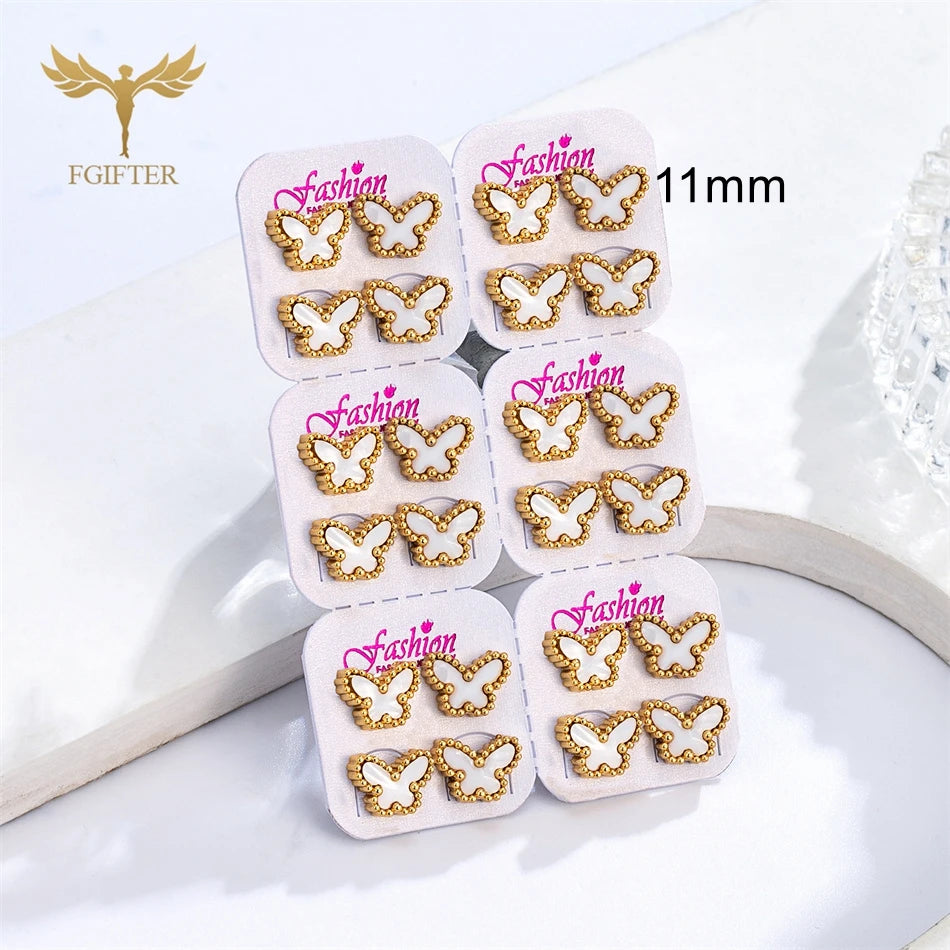 12-Paar-Set weiße Schmetterlings-Ohrringe, goldener Edelstahl, Piercing-Schmuck, elegante Damen-Accessoires, kleine Ohrstecker, Geschenke