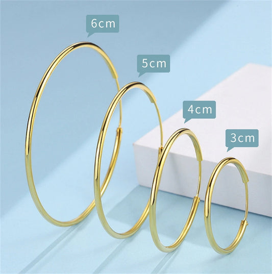 Vergoldete glatte runde Kreis-große Creolen für Damen, Größe 12/25/30/40/50/60 mm, Edelstahl, Schmuck, Accessoires, Geschenke