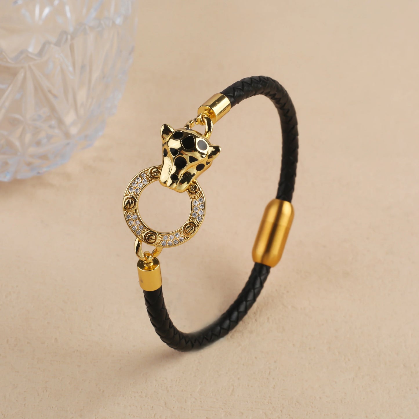 Voller Zirkonia, Leoparden-Tier-Leder, geflochtenes Edelstahl-Armband, klassisch für Mann und Frau, täglicher Party-Schmuck, Geschenk