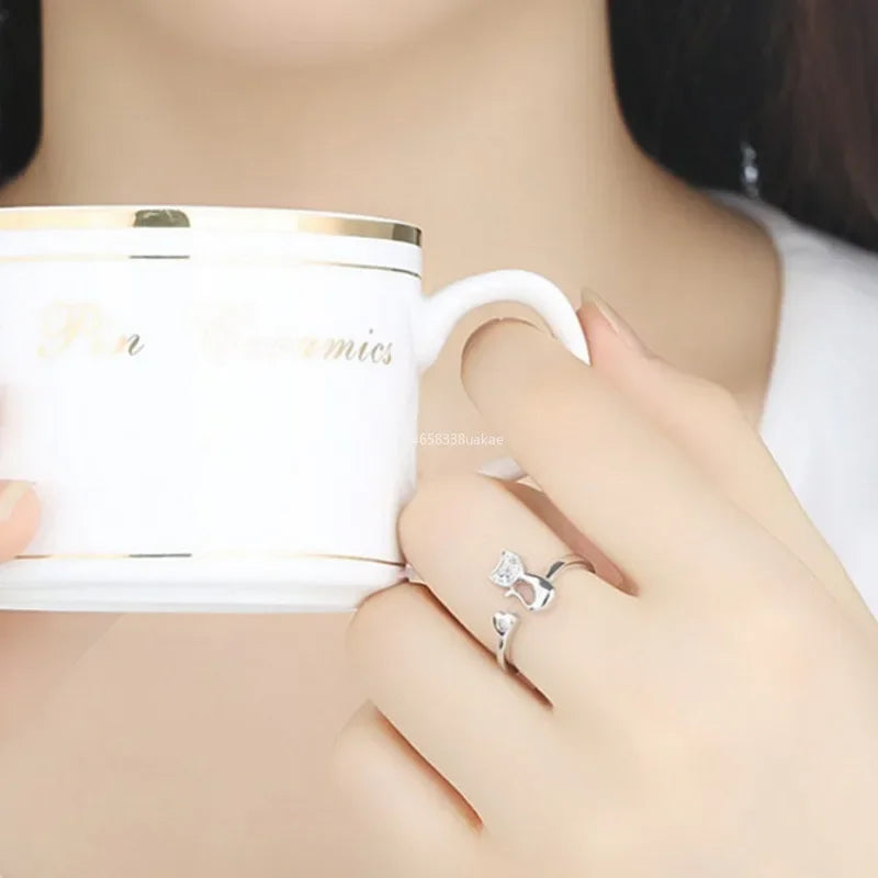Neue Charme Kristall Offene Ringe Top Qualität Zirkonia Kristall Intarsien Niedlichen Tier Katze Ring für Frauen Mädchen Mode Tier