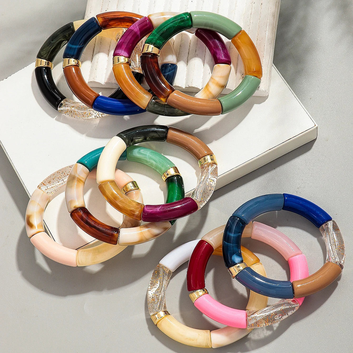 Bohomia Acryl-Design-Stil, klobiges Bambus-Stapelarmband für Damen, Boho, elastisch, bunt, Röhrenperlen, Armbänder 2024, Schmuck