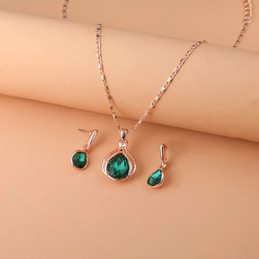 3 Stück rosé goldfarbene Halskette Ohrringe grüne Kristallglas legierung Anhänger einfache Mode Stil Schmuck Set