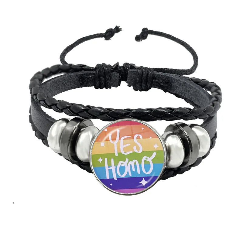 LGBT Schwarz Weave Leder Armband Bi Stolz Glas Cabochon Homosexuell Stolz Regenbogen Flagge Foto Armreif Schmuck Für Frauen Männer Liebhaber geschenk