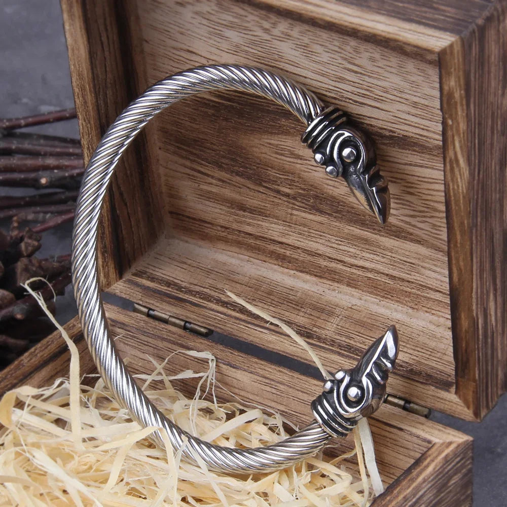 Edelstahl Nordic Viking Nordic Raven Armband Herren Armband Manschettenarmbänder mit Wikinger Holzkiste