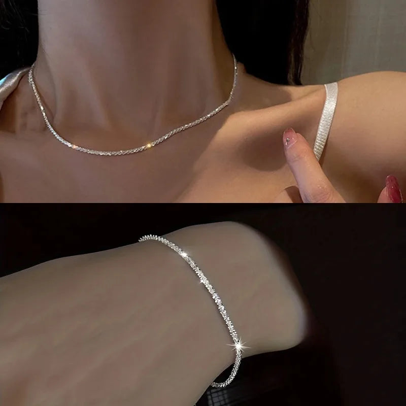 Glänzendes, funkelndes, versilbertes Schlüsselbeinketten-Halsketten- und Armband-Schmuckset für Frauen, minimalistisches Sternenhimmel-Zubehör
