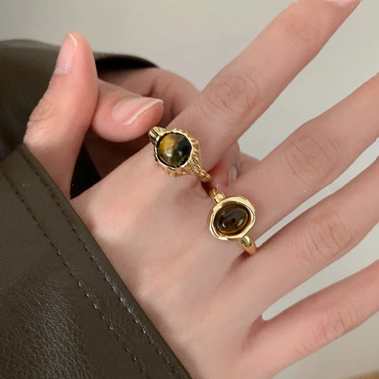 Vintage Brauner Tigerauge Stein Damenring Unregelmäßiger runder offener Ring Nischendesign Persönlichkeit Fingerringe High-End-Schmuck Geschenk