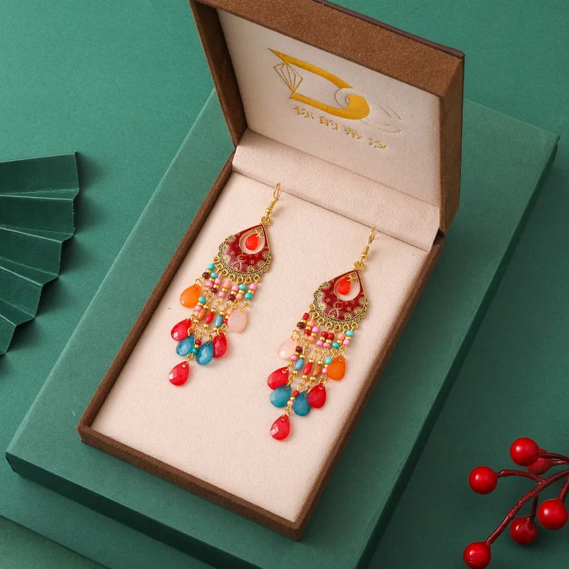 Böhmische lange Acryl-Wassertropfen-Quasten-Ohrringe für Frauen, ethnische mehrfarbige Perlen, Tropfenöl, handgefertigte baumelnde Ohrringe, Boho-Schmuck