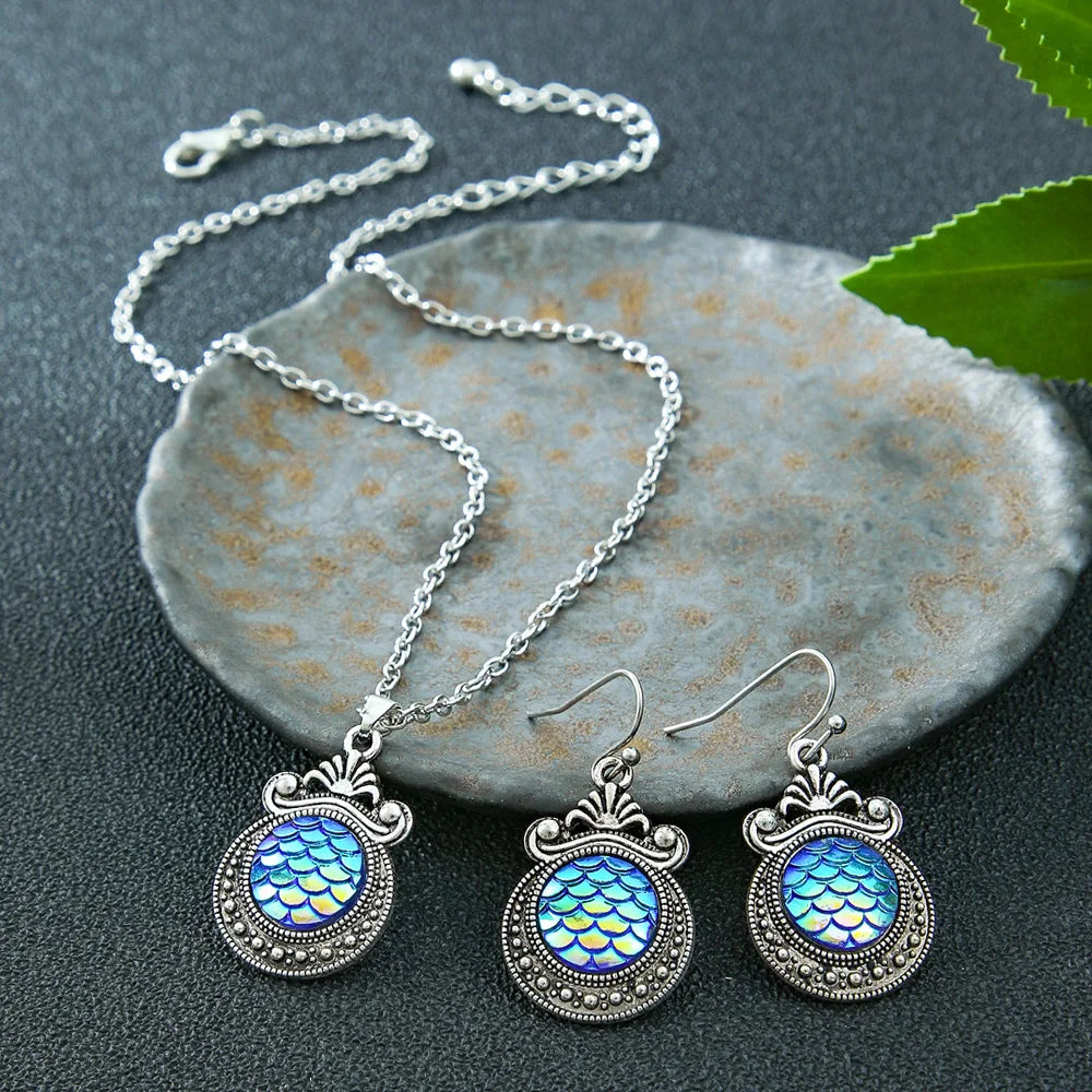 Kreative bunte Fischschuppenmuster Tropfen Halskette Ohrringe Set für Frauen Vintage ethnische geschnitzte einzigartige weibliche Schmuck Geschenk