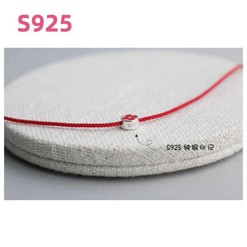 16 + 2 cm rotes Seil Blume Damen Silber Armbänder Silber rote Kleeblatt Perle Mädchen 925 Armbänder 925 Stachellänge kann individuell angepasst werden