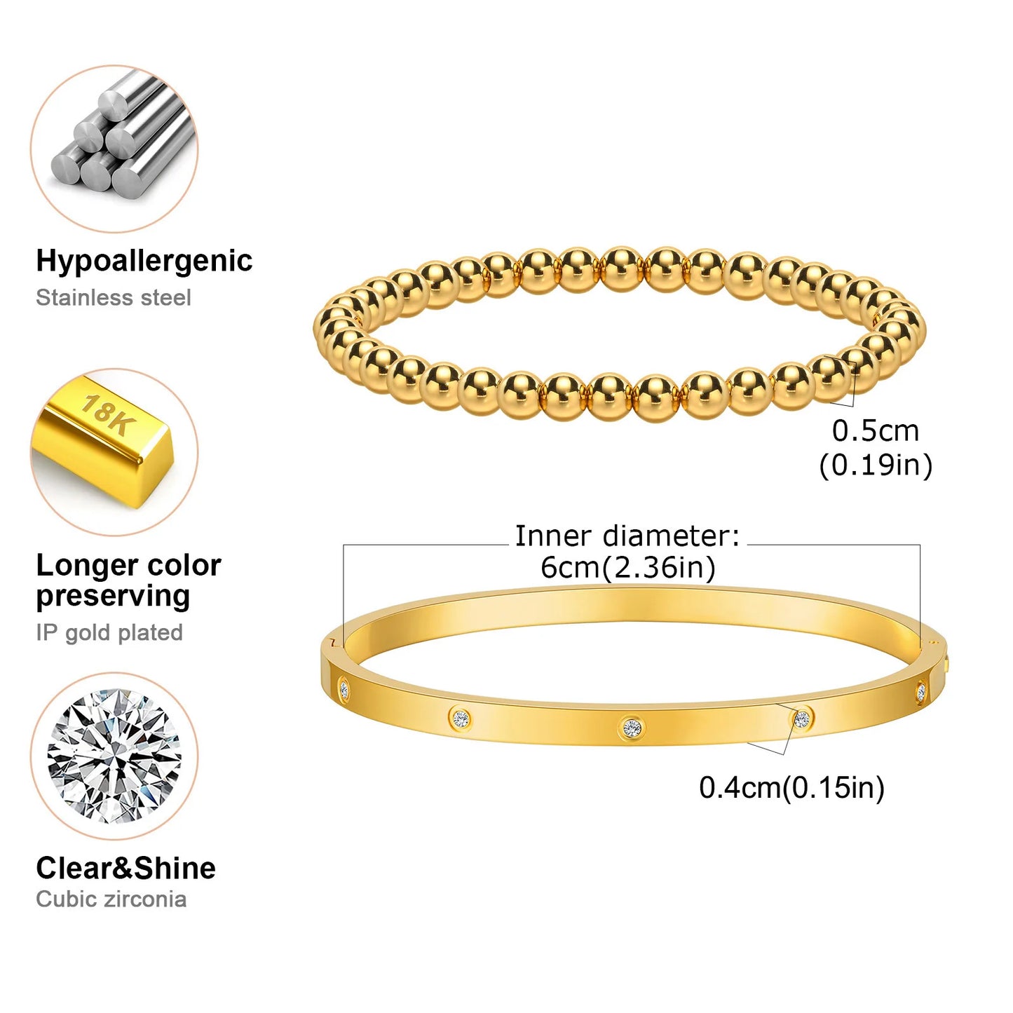 Vnox 2–8 mm Damen-Armbänder-Set, einfache gestapelte vergoldete Edelstahl-Perlen-Armbänder, glamouröse Liebesgeschenk-Manschettenarmbänder für Sie