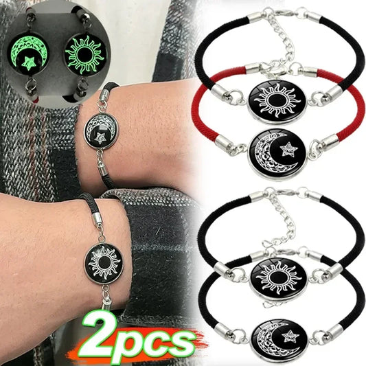 2 Stück handgefertigte, im Dunkeln leuchtende Sonne, Mond, Paar-Armbänder für Damen und Herren, geflochtenes Seil-Armband, Valentinstag-Schmuck