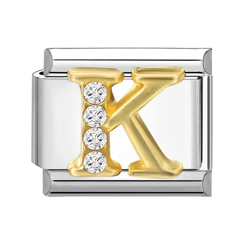 Neues modisches italienisches Armband mit 26 englischen Buchstaben, Edelstahl-Armreif, goldfarben, eingelegter Zirkonia, DIY-Herstellung von Schmuck, Geschenken