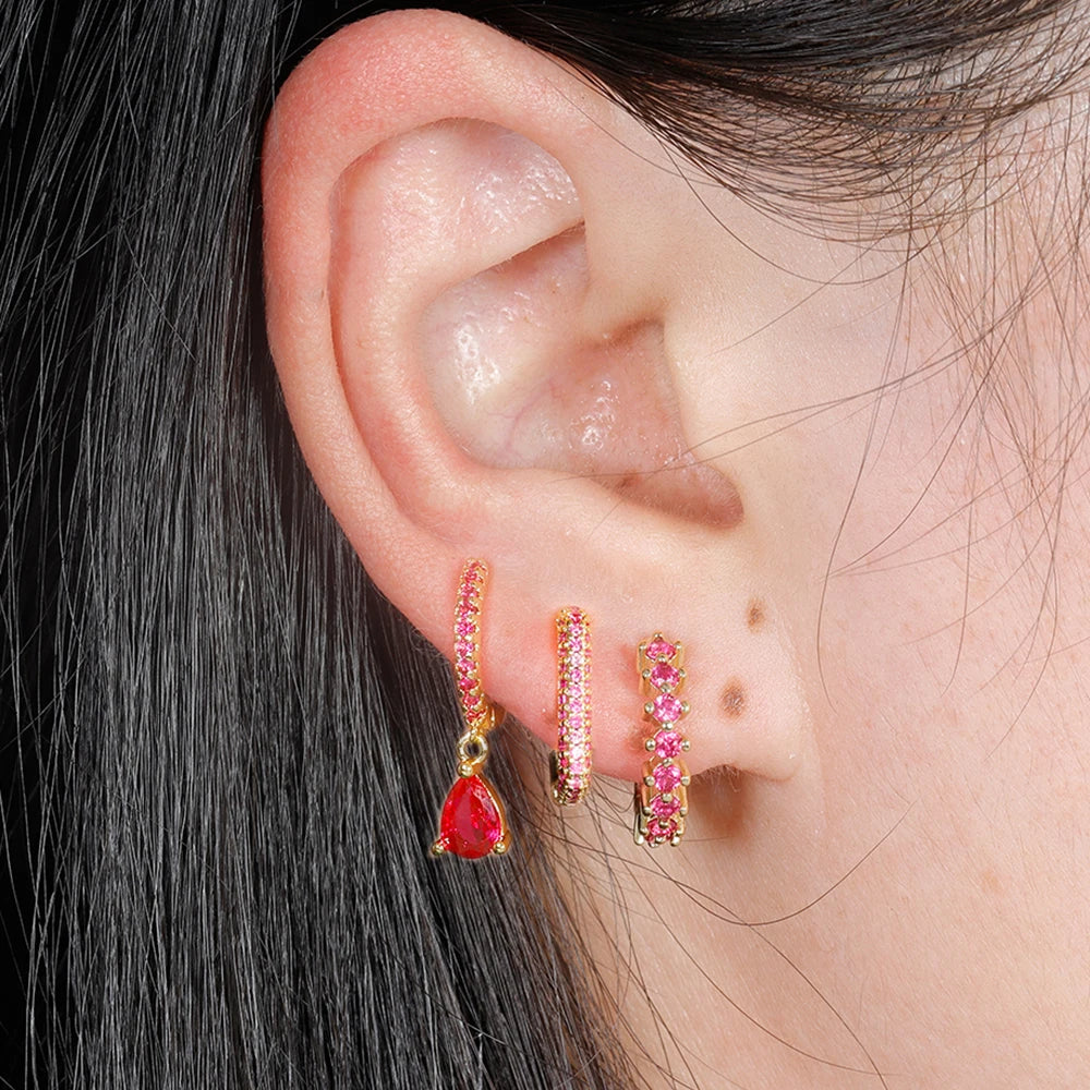 3PCS Mode Zirkonia Wasser Tropfen Anhänger Ohrring Set für Frauen Edelstahl Runde U-form Hoop Ohrring Piercing schmuck