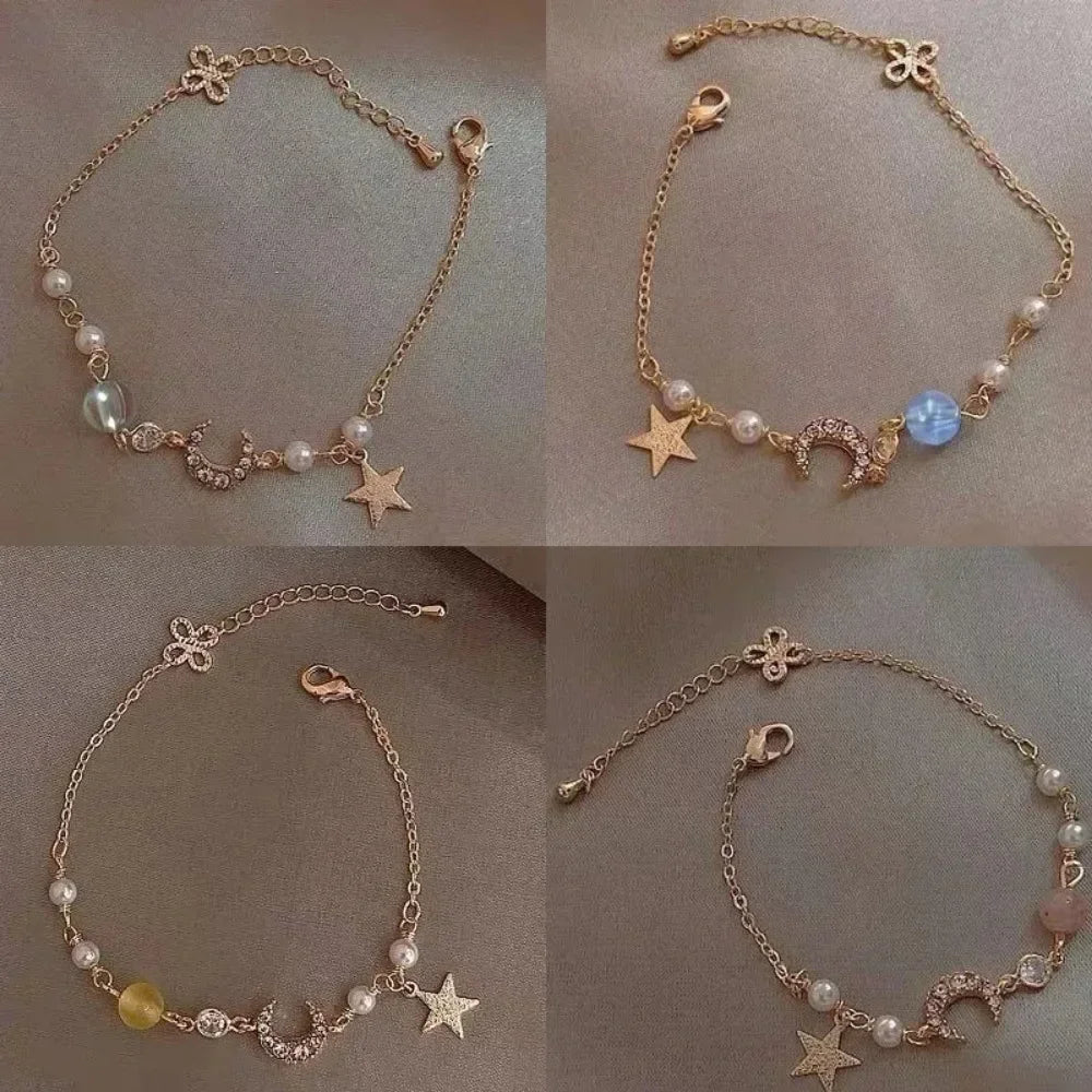 Mode Frauen Edelstahl Stern Mond Perle Einfache Kristall Zirkon Armband Armband Anhänger Schmuck Mädchen Party Party Geschenk