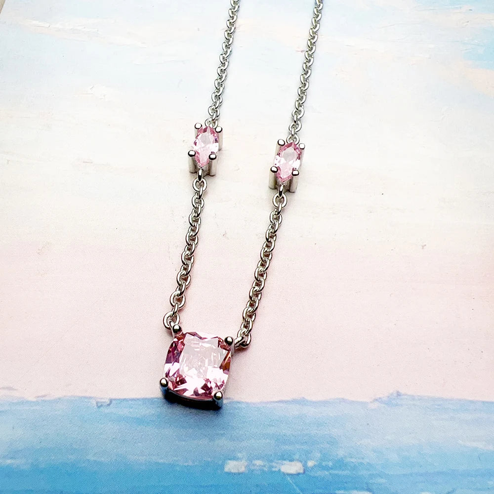 Rosa Stein-Halskette und Ohrring-Schmuckset, Frühling, brandneues 925er-Sterlingsilber, romantisches Geschenk für Frauen