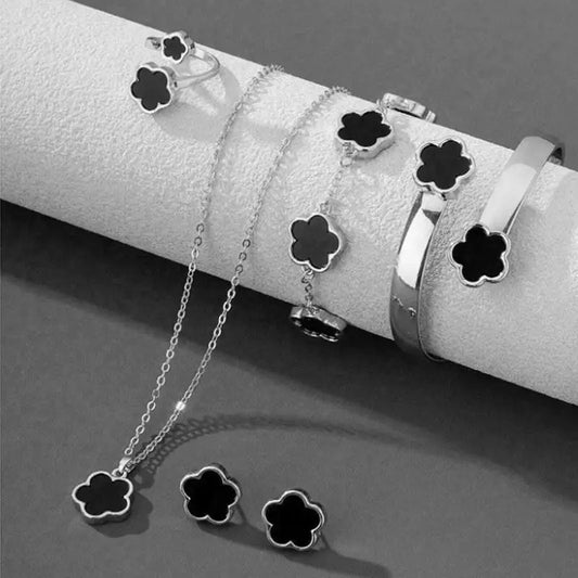 5 Stück Glückliche fünfblütige Blume Frauen Schmuck Set, Mode Blume Armband + Halskette + Ohrringe + Armband + Ring, Geburtstag