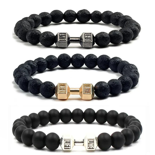 Lava Armband Schwarz Vulkanstein schwarz Matte Hantel Perlen Armbänder Für Frauen Männer Fitness Langhantel Schmuck Herren Armbänder