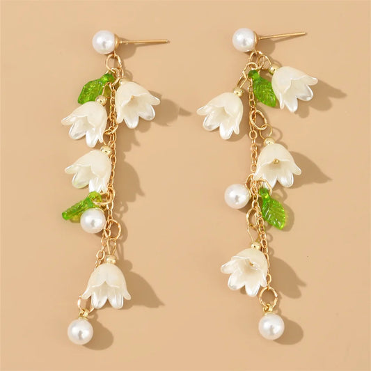Neue Design Süße Weiße Maiglöckchen Blume Ohrringe für Frauen Elegante Tulpe Quaste Lange Kette Ohrringe Ästhetischen Schmuck