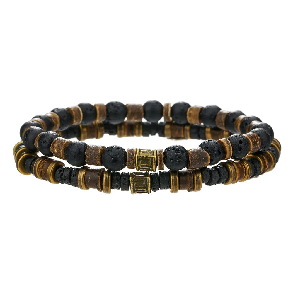 Meistverkaufte mehrschichtige Buddha-Holzperlen-Armbänder-Sets für Herren im Retro-Stil, mehrschichtiges, elastisches Faden, verstellbares Holzarmband