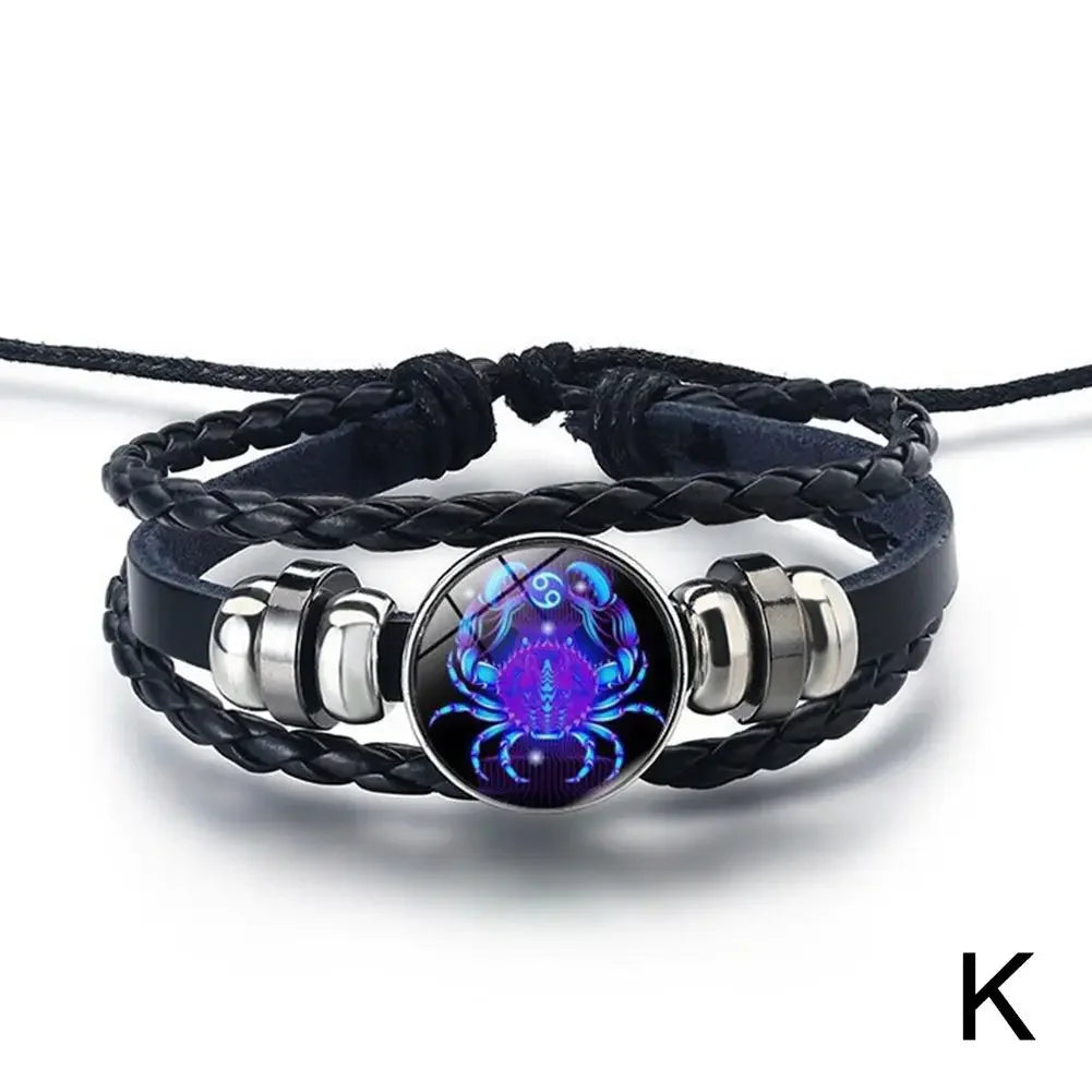 12 Sternbild Edelstein Leder Armband Männer Frauen Glas Armband Paar Leder mehr schicht ige Webart Geburtstags geschenk Armreif Edelstein