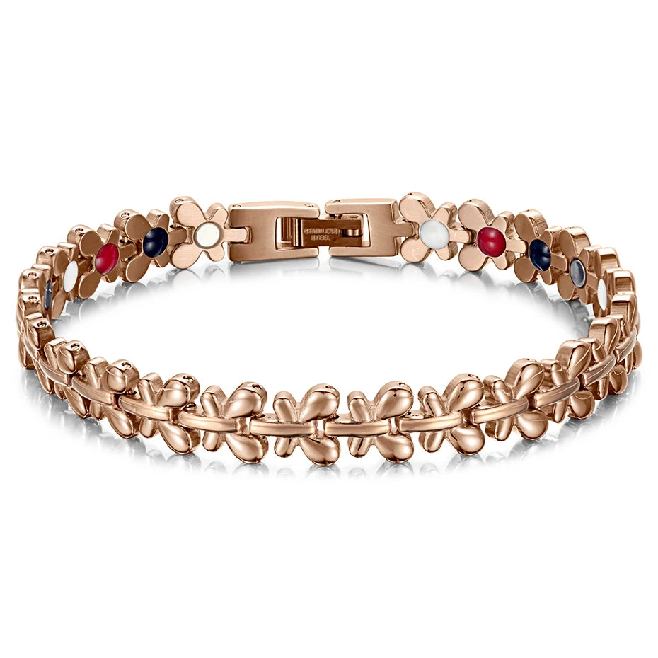 RainSo Butterfly Edelstahlarmband für Damen |   316L 4-Blütenblatt-Blumenschmuck |   Dreifarbiges (Silber/Rose/Gold) Geschenk für den Alltag