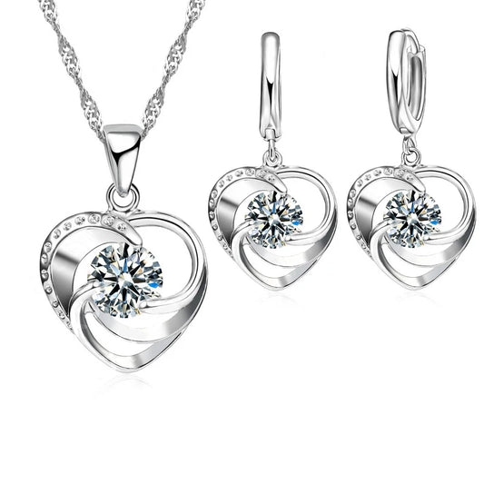 Gestempeltes Halsketten-Ohrring-Set aus 925er-Sterlingsilber, lange Kette, süßer romantischer Stil, Liebesherzform für Frauen, Dame, Frau